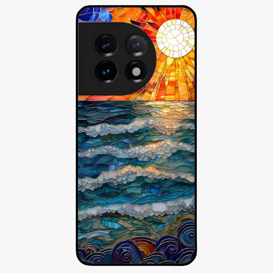 Oceanic Stained Printed Glass Case for 1+11 elegant front view featuring stained glass inspired ocean artwork
