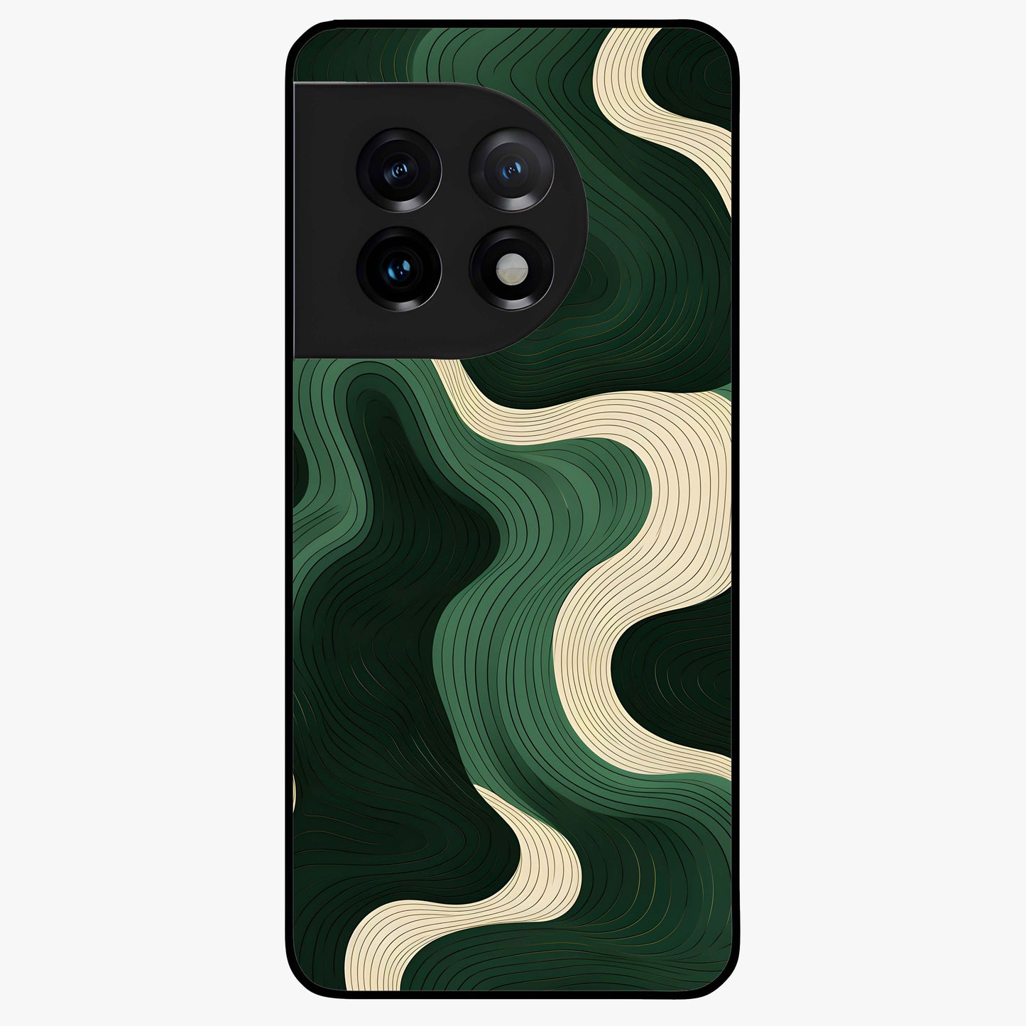 Organic Swirl Design Glass Case for 1+11 modern front view featuring flowing abstract swirl artwork