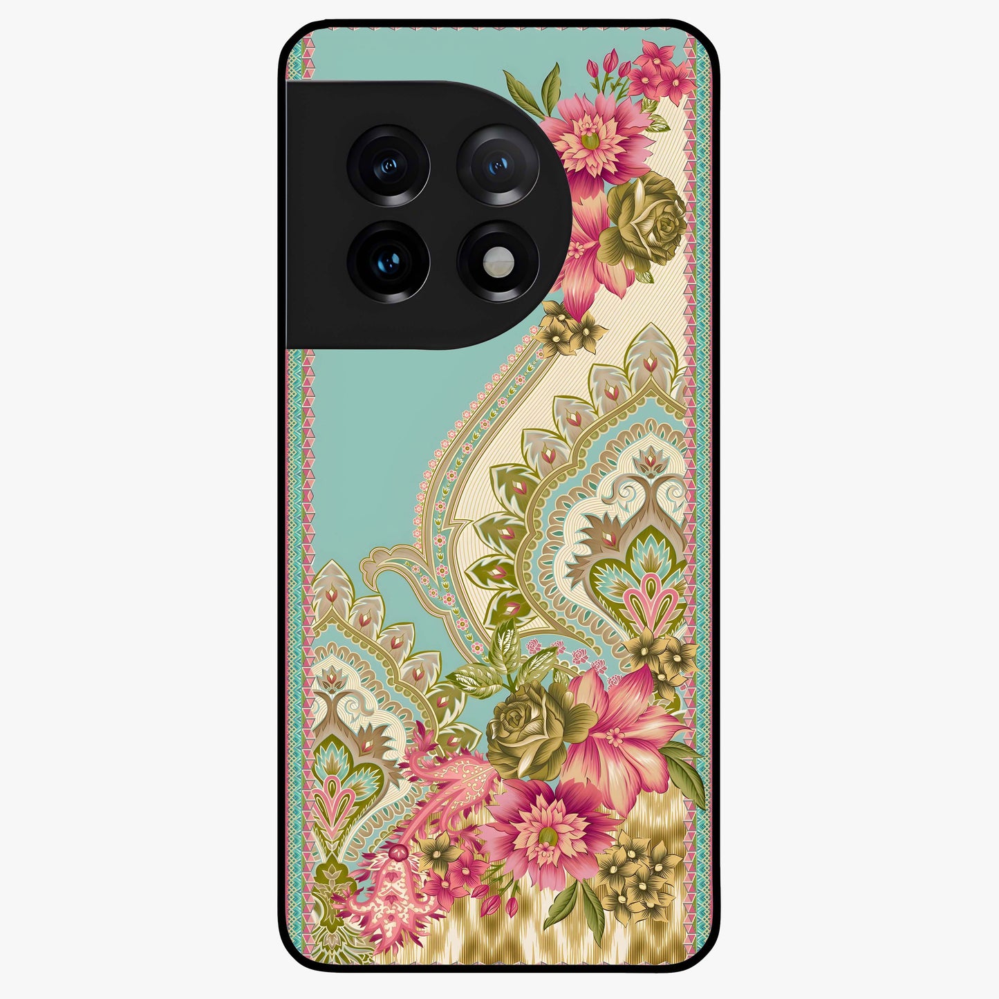 Ornate Mughal Floral Pattern Glass Case for 1+11 royal front view featuring intricate Mughal inspired floral artwork