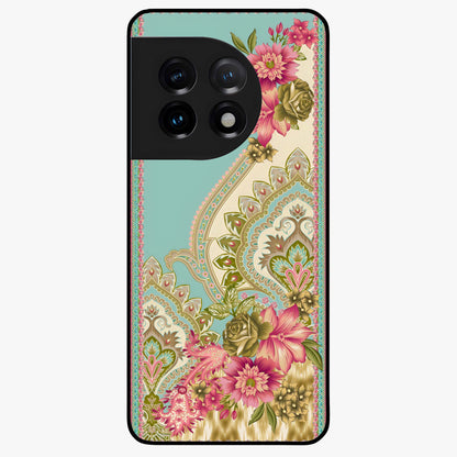 Ornate Mughal Floral Pattern Glass Case for 1+11 royal front view featuring intricate Mughal inspired floral artwork