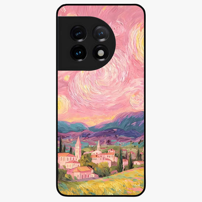 Pastel Starry Village Glass Case for 1+11 dreamy front view featuring village artwork under pastel night sky