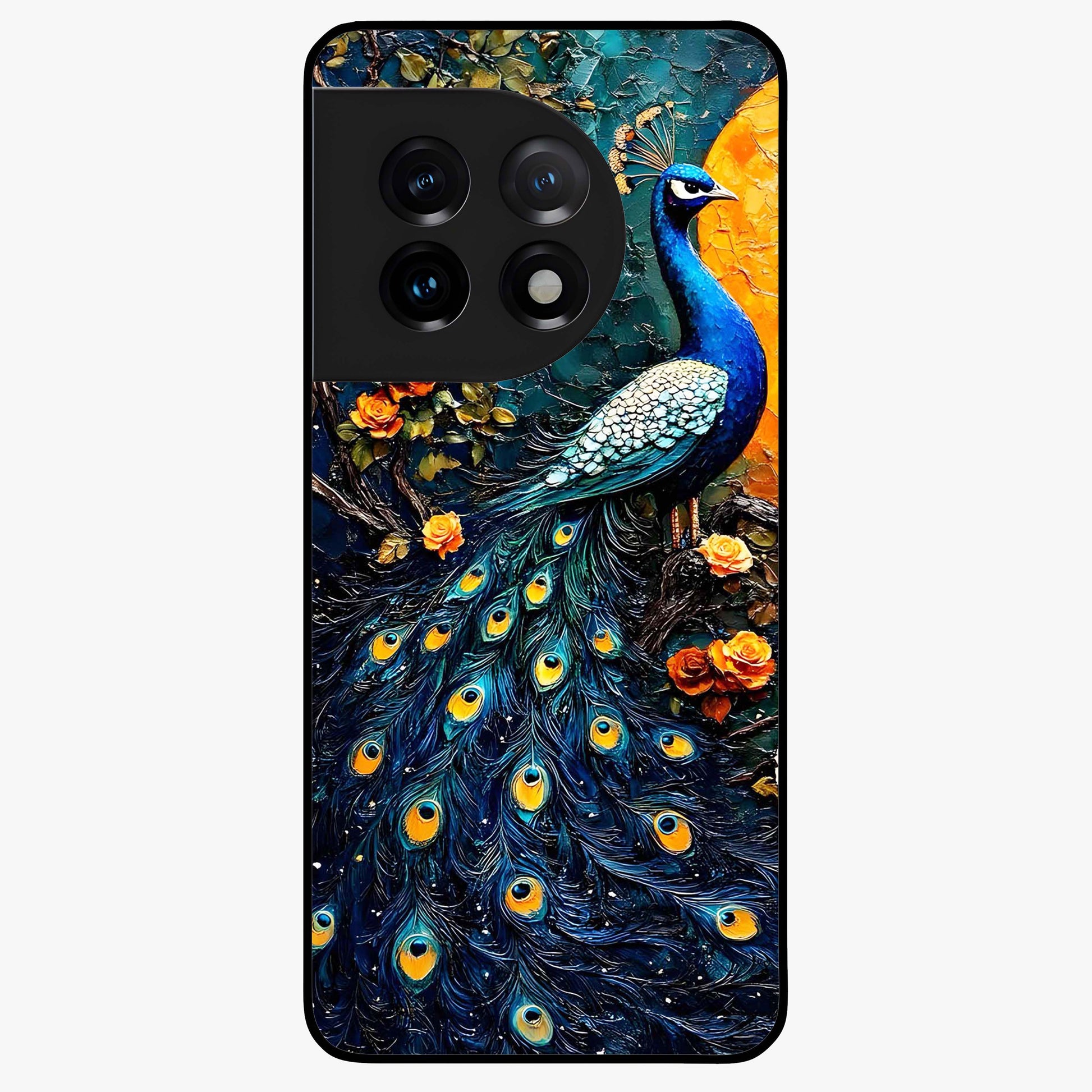 Peacock With Yellow Moon Glass Case for 1+11 striking front view featuring peacock artwork under glowing yellow moon