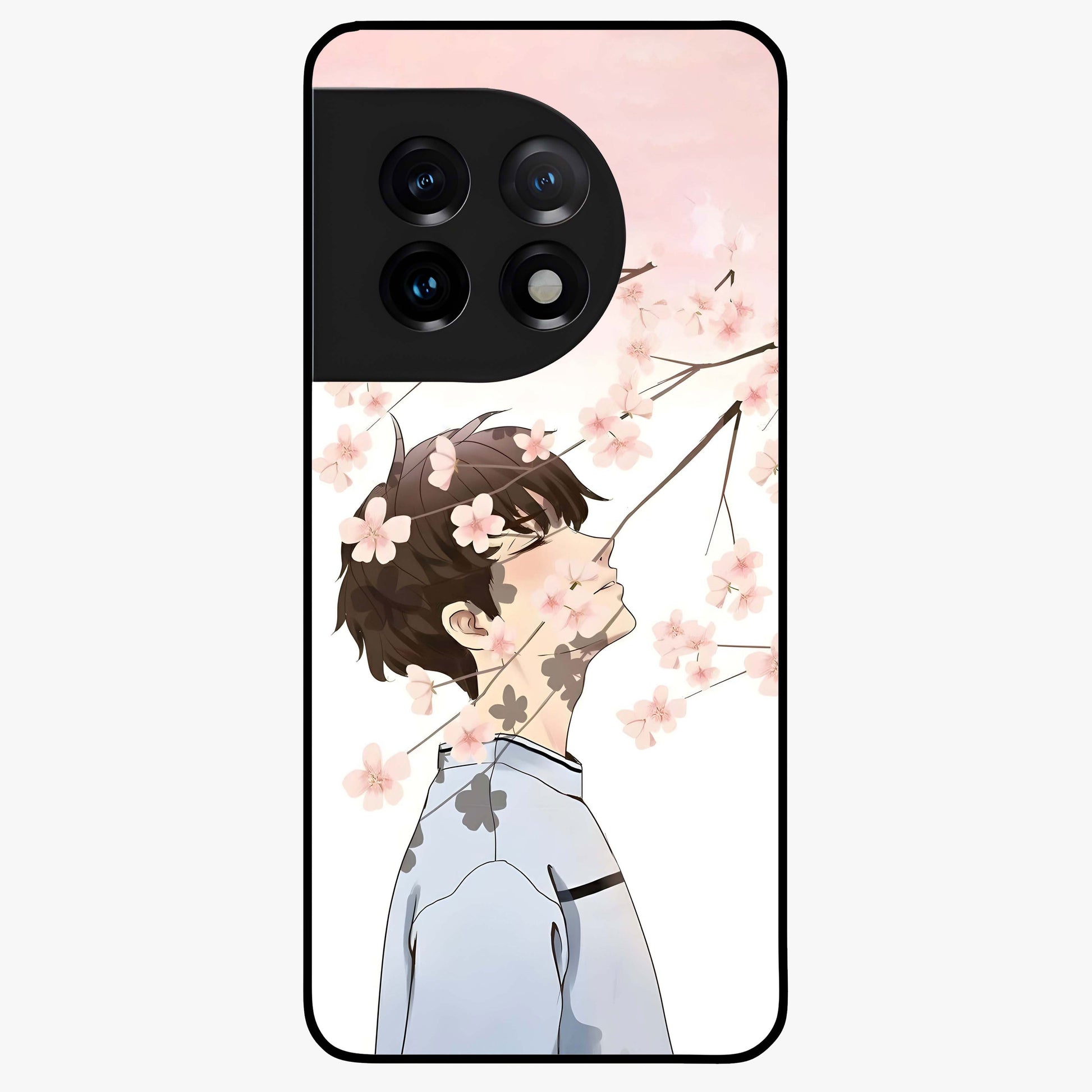 Pink Blossom Boy Glass Case for 1+11 aesthetic front view featuring illustrated character with pink floral accents