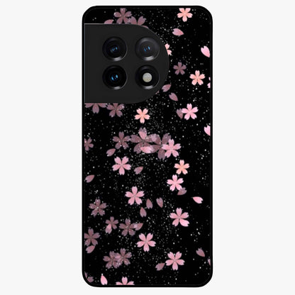 Pink Flower Black Background Glass Case for 1+11 striking front view featuring vibrant pink flower on dark backdrop