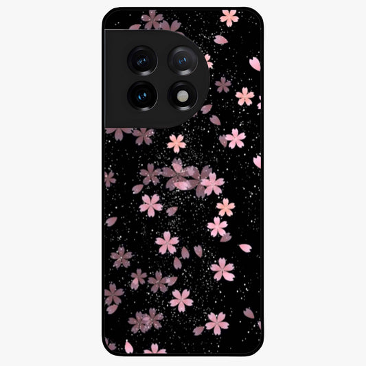Pink Flower Black Background Glass Case for 1+11 striking front view featuring vibrant pink flower on dark backdrop
