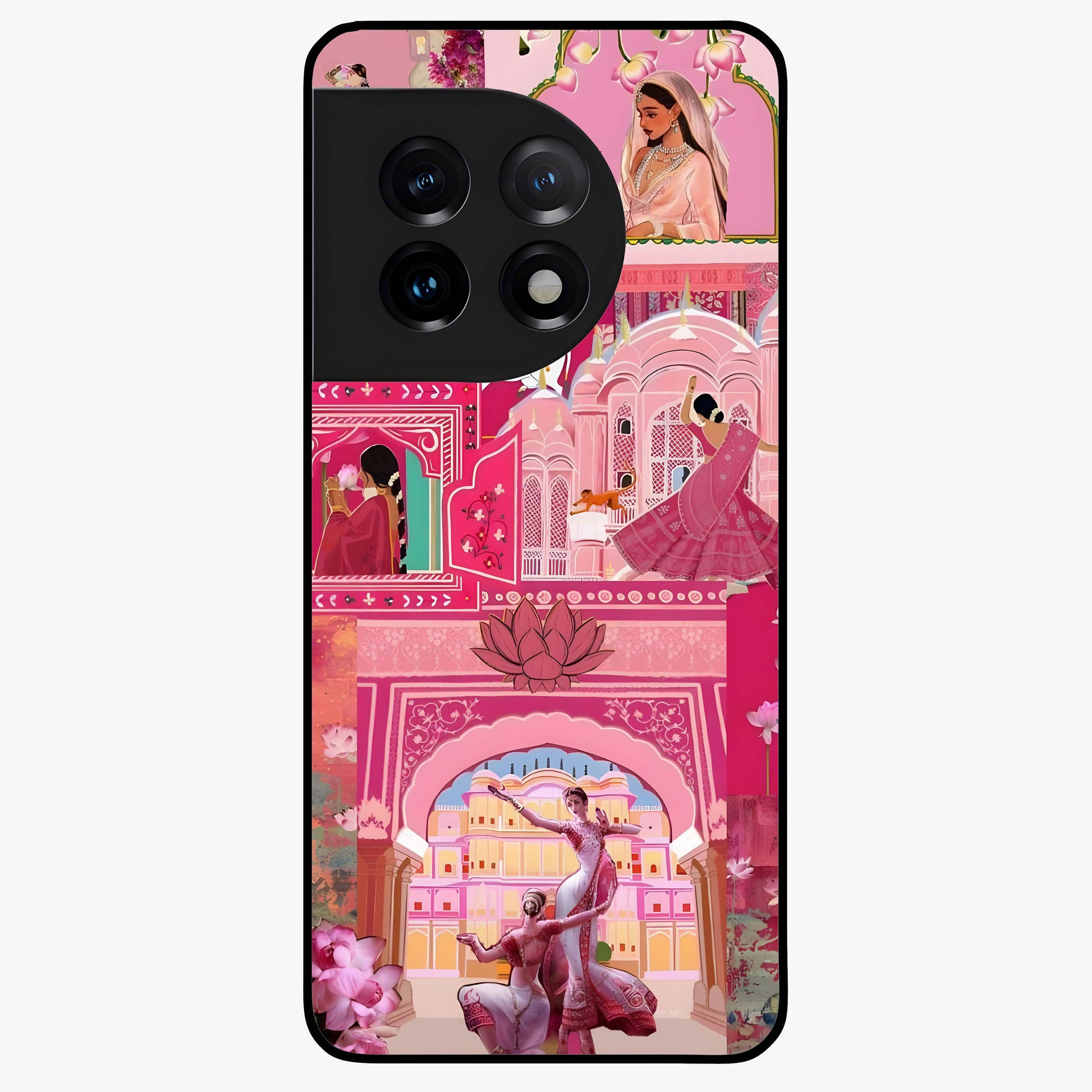 Pink Palace Muse Glass Case for 1+11 elegant front view featuring palace inspired artwork in soft pink hues