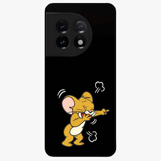 Playful Jerry Vibes Glass Case for 1+11 cheerful front view featuring animated cartoon artwork with playful energy