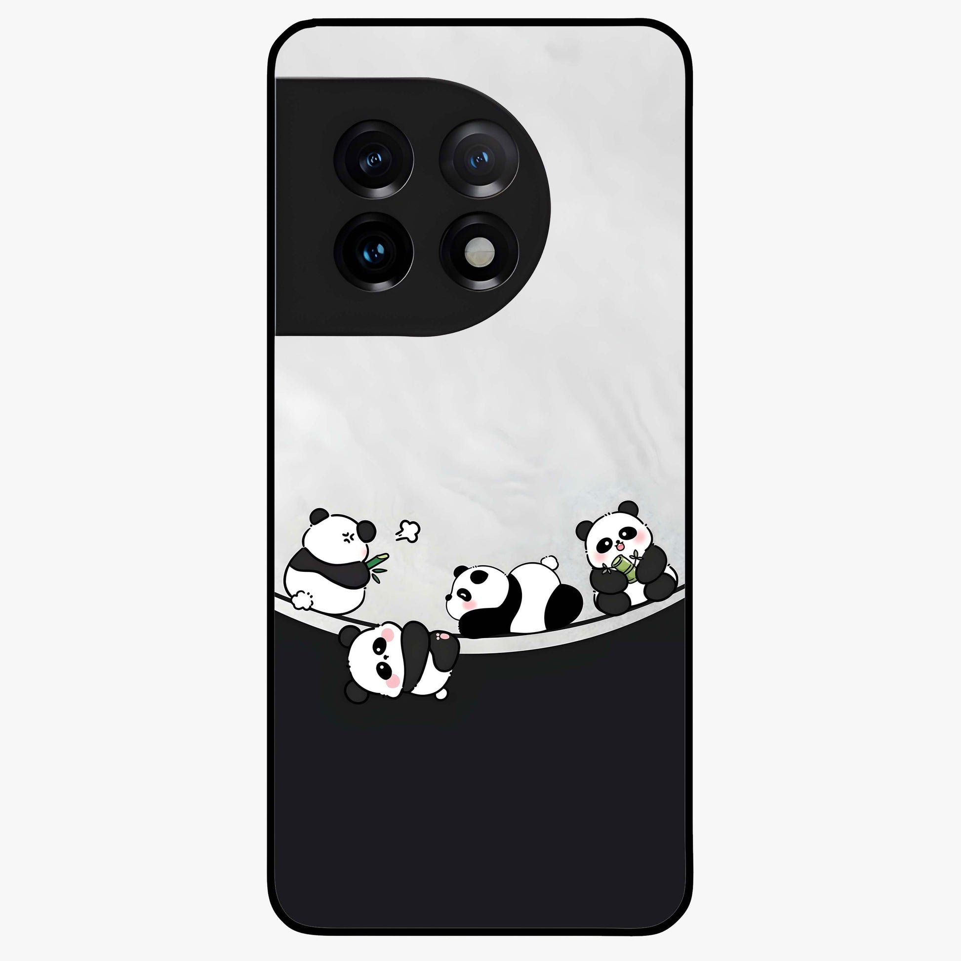 Playful Panda Parade Glass Case for 1+11 adorable front view featuring cute panda artwork in lively poses