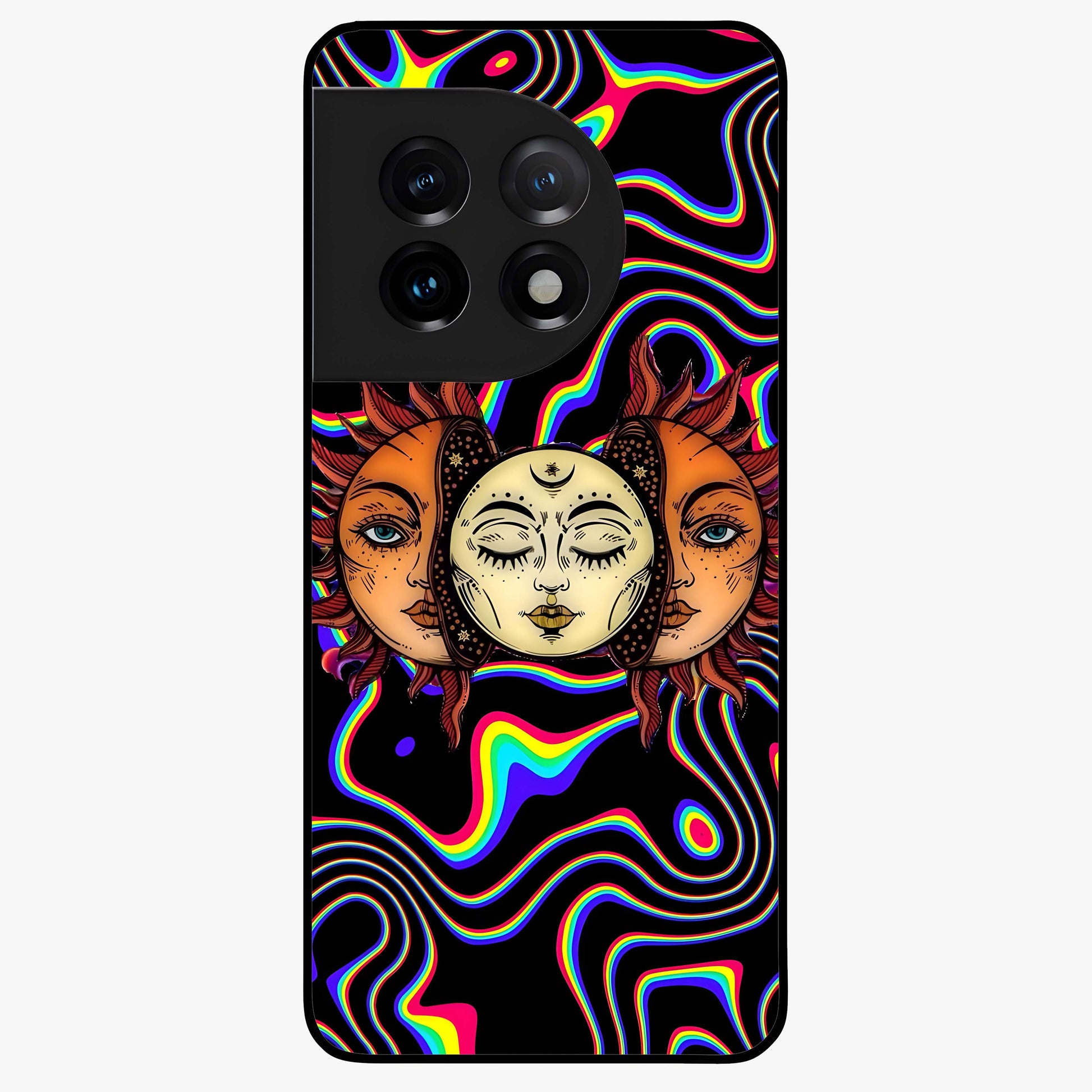Psychedelic Sun Glass Case for 1+11 artistic front view featuring vibrant sun artwork in psychedelic colors