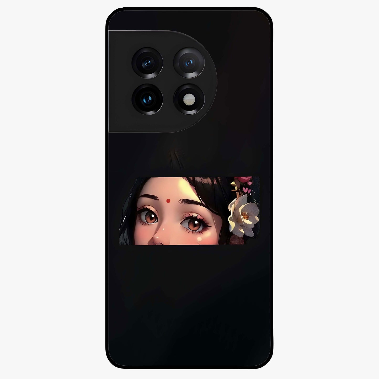 Radha Divine Embrace Glass Case for 1+11 devotional front view featuring graceful Radha inspired artwork