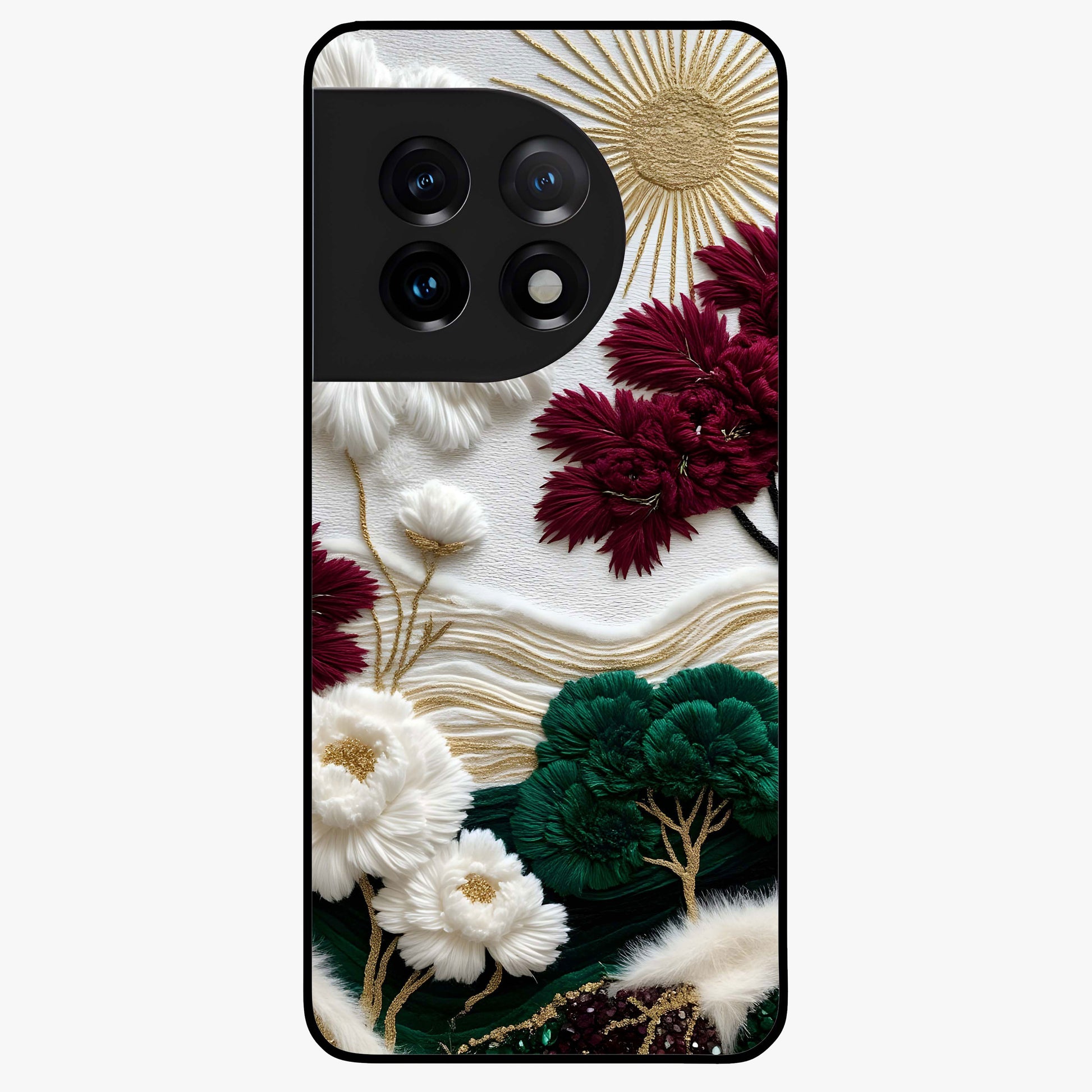 Radiant Bloom Elegance Glass Case for 1+11 elegant front view featuring luminous floral artwork