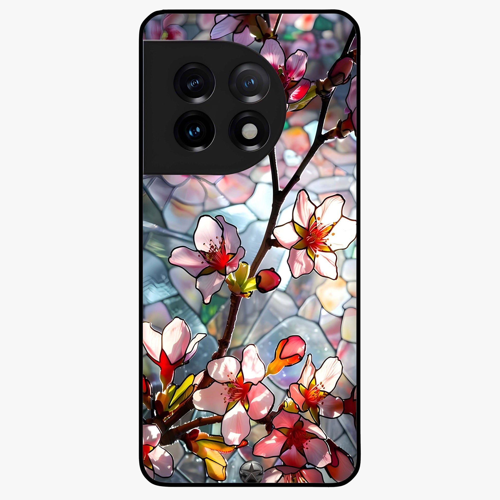 Radiant Bloom Glow Glass Case for 1+11 vibrant front view featuring glowing floral artwork in warm tones