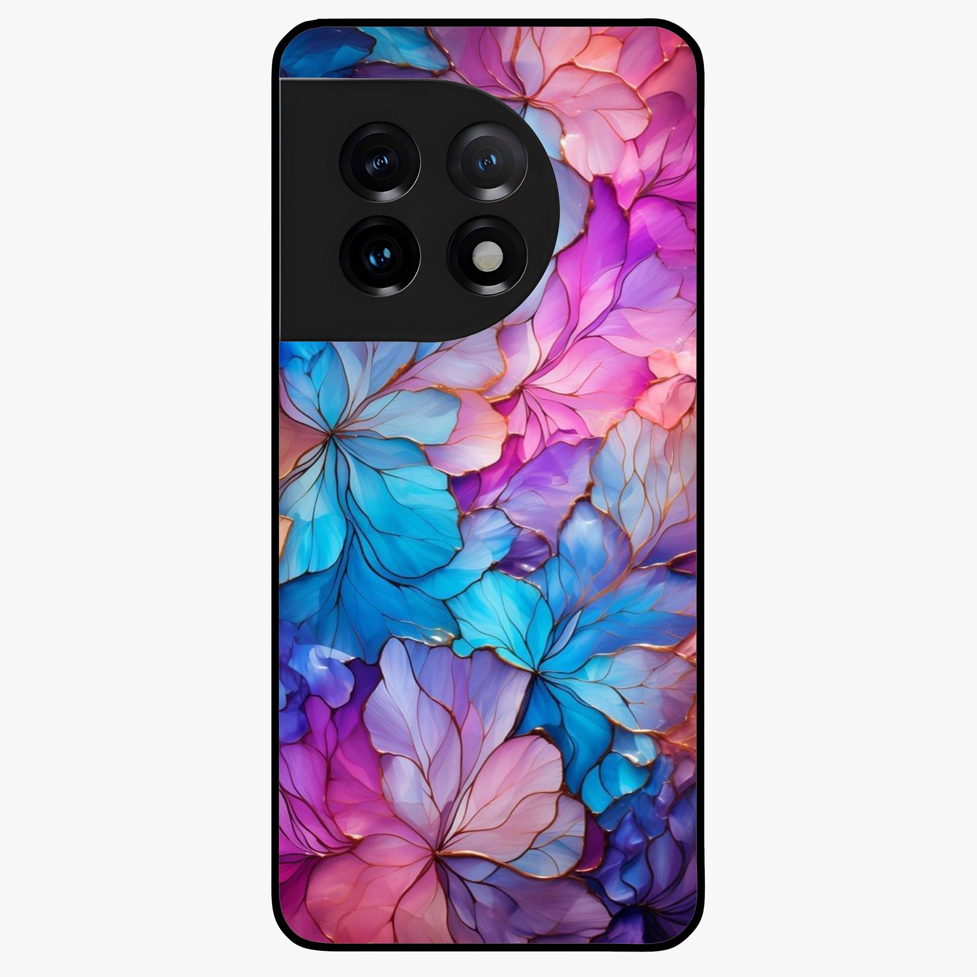 Radiant Floral Whirl Glass Case for 1+11 artistic front view featuring swirling floral artwork