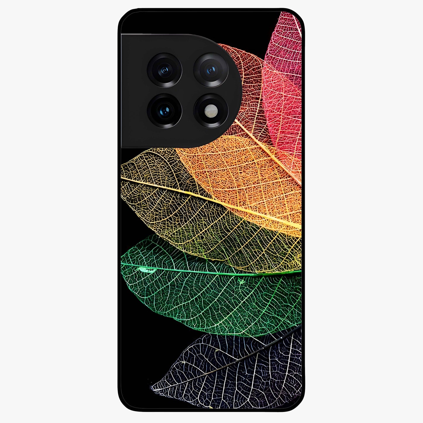 Rainbow Leaf Glow Glass Case for 1+11 colorful front view featuring vibrant leaf artwork with glowing effect