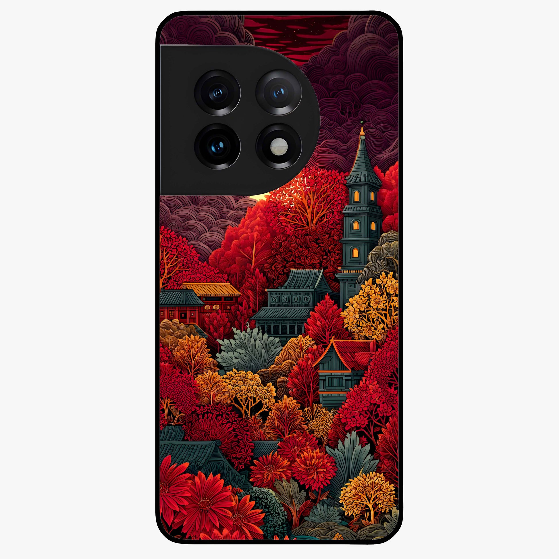 Red Scenery Hot Glass Case for 1+11 dramatic front view featuring bold red landscape artwork