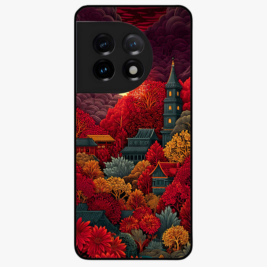 Red Scenery Hot Glass Case for 1+11 dramatic front view featuring bold red landscape artwork