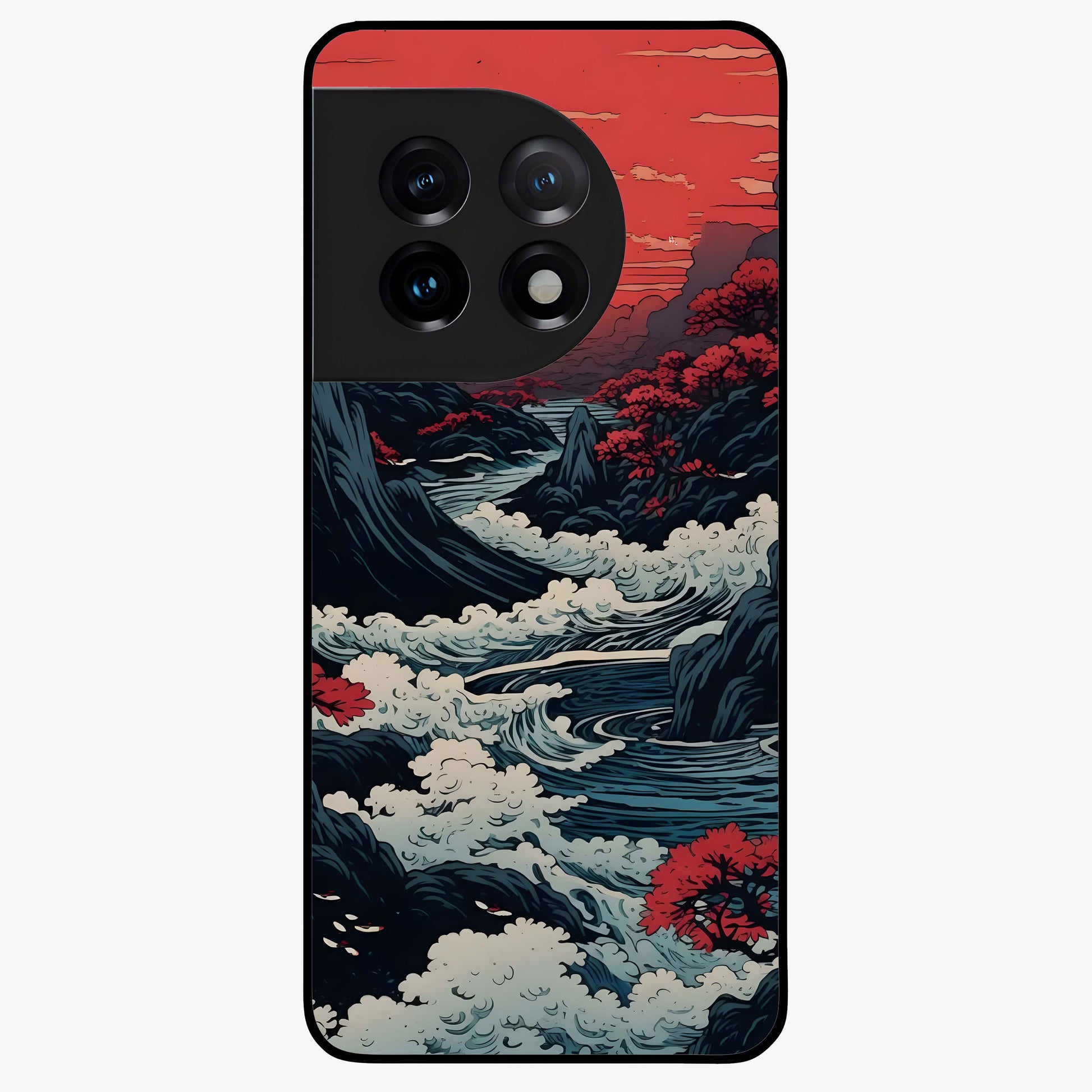 Red Sunset Scenery Glass Case for 1+11 scenic front view featuring warm sunset landscape artwork