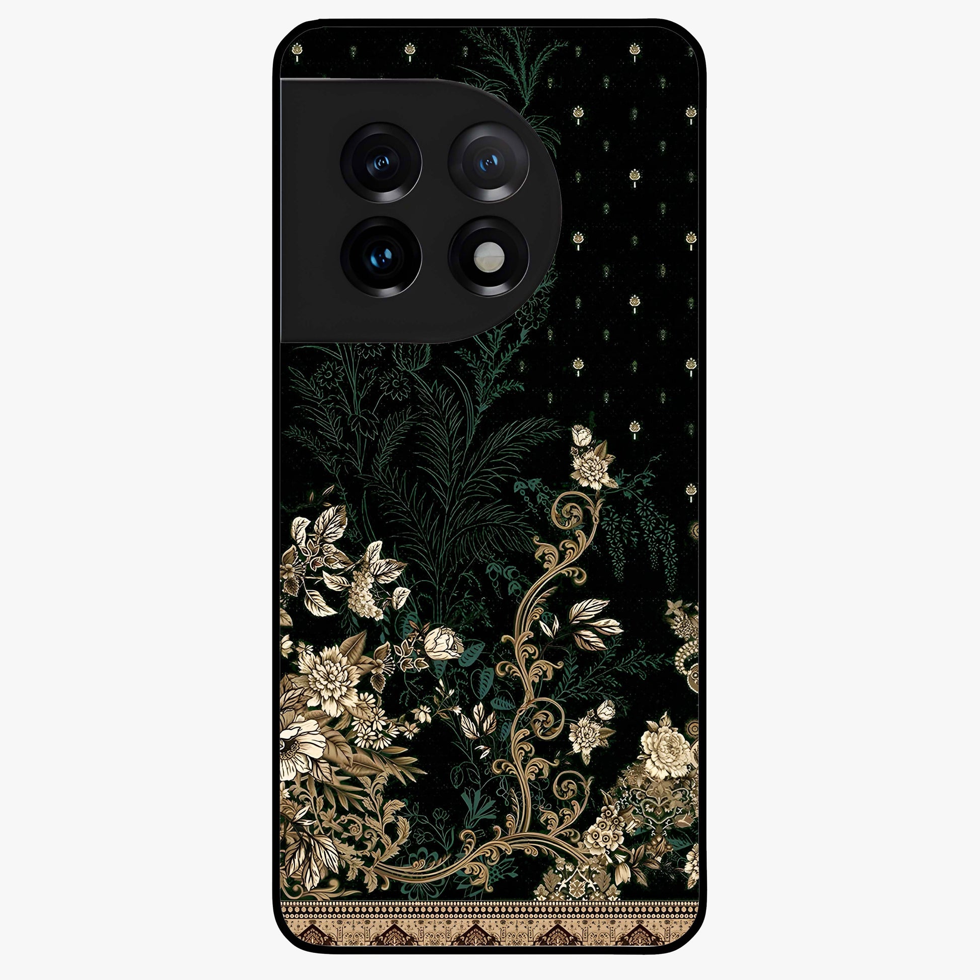 Regal Botanical Tapestry Glass Case for 1+11 luxurious front view featuring intricate botanical tapestry artwork