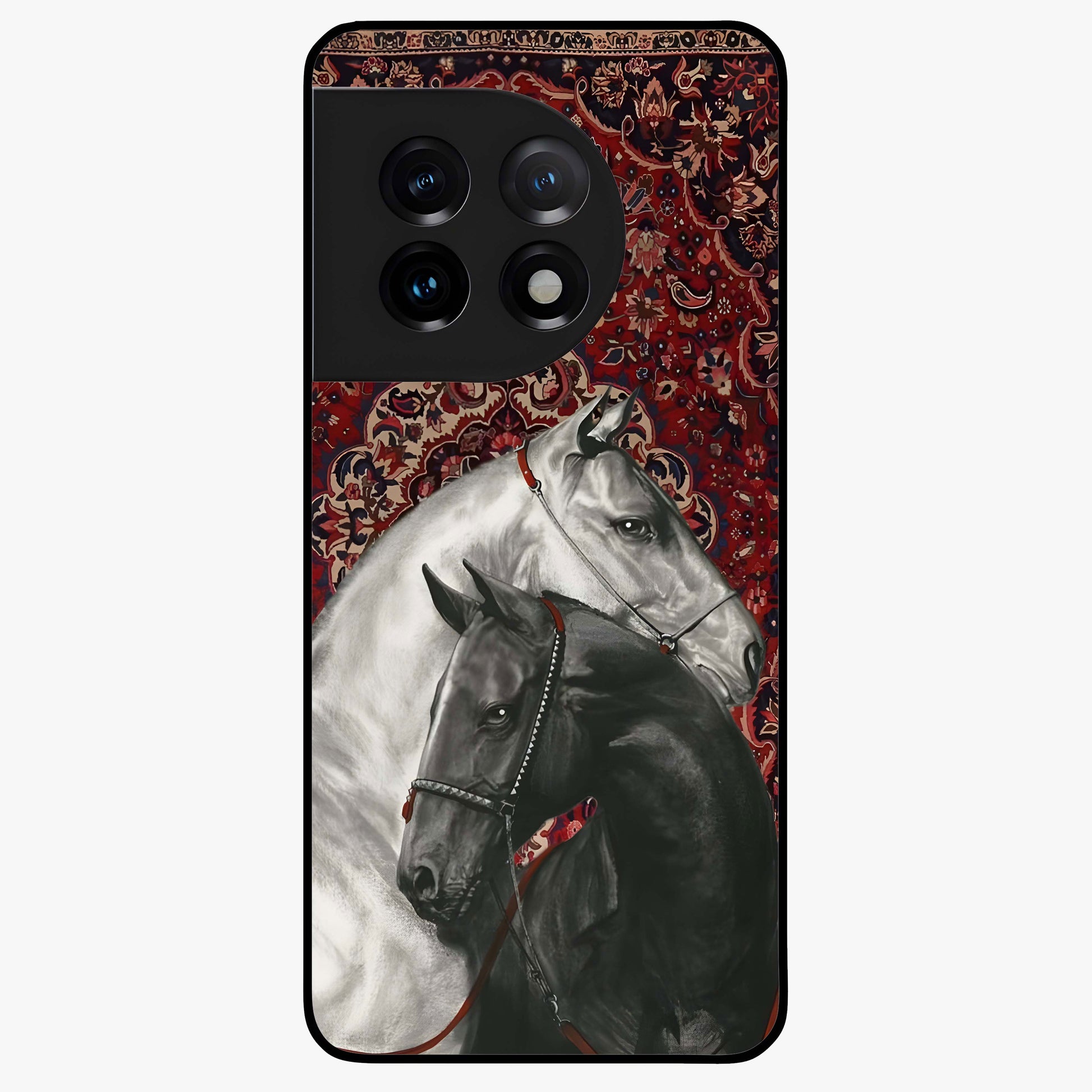 Regal Stallion Tapestry Glass Case for 1+11 powerful front view featuring majestic horse artwork with tapestry style detailing