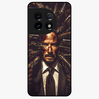 Relentless Shadow Assassin Glass Case for 1+11 intense front view featuring dark warrior inspired artwork