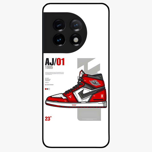 Retro Sneaker Blueprint Glass Case for 1+11 bold front view featuring sneaker blueprint style artwork