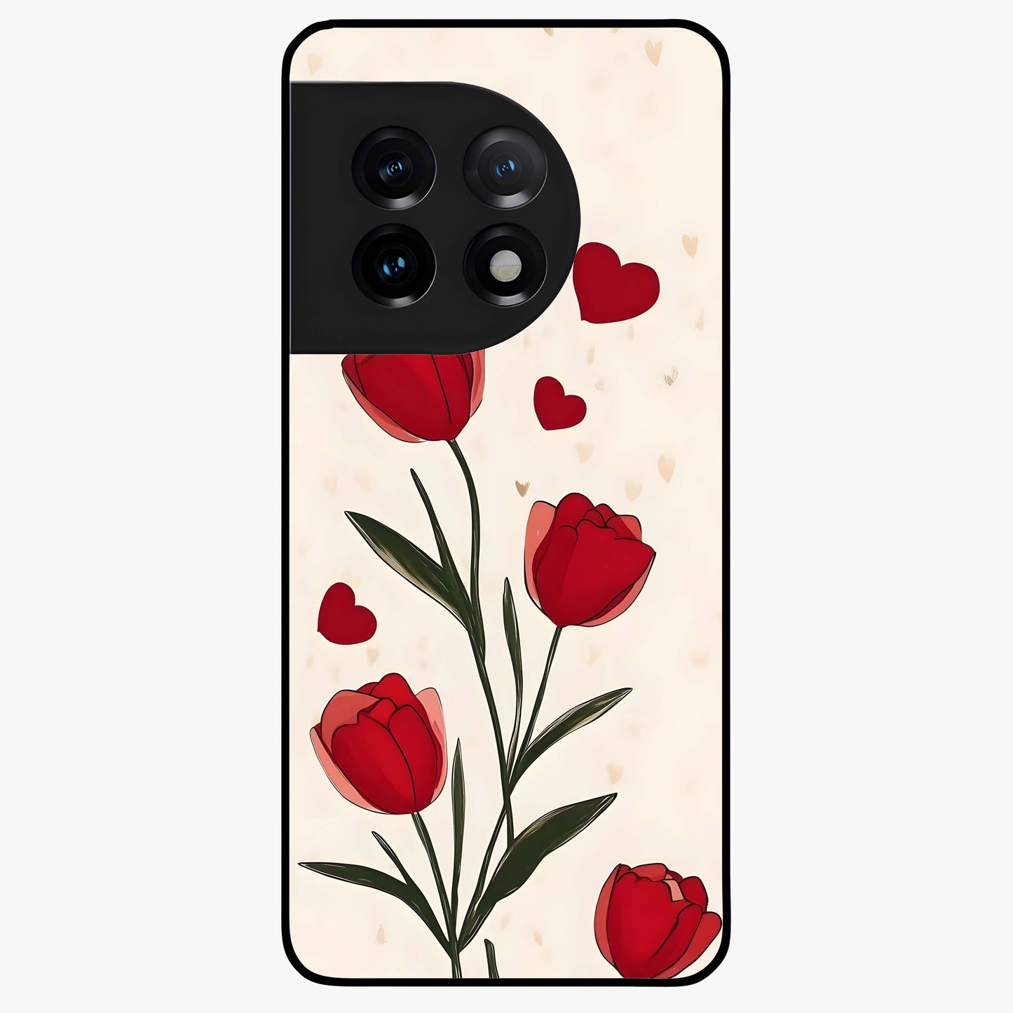 Romantic Tulip Hearts Glass Case for 1+11 sweet front view featuring tulip floral artwork with heart accents