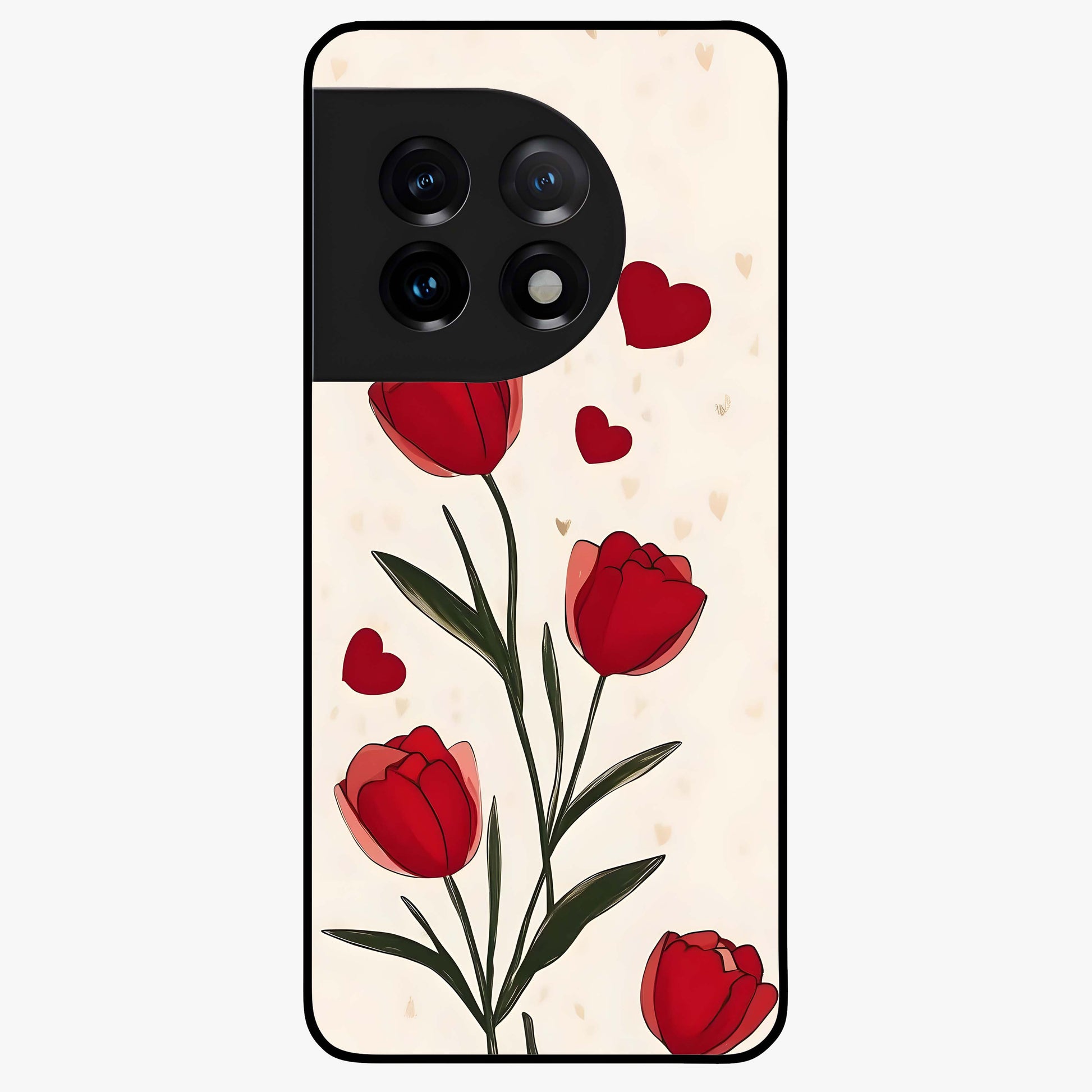 Romantic Tulip Hearts Glass Case for 1+11 sweet front view featuring tulip floral artwork with heart accents