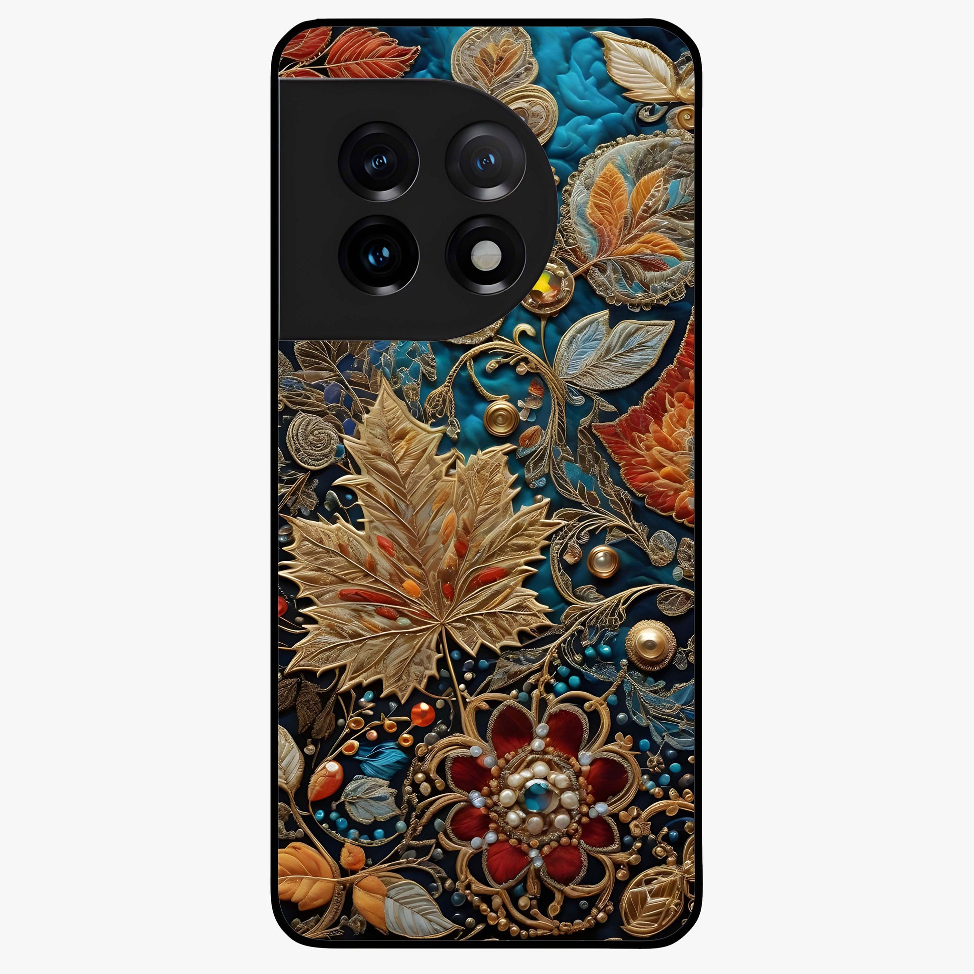 Royal Jewel Garden Glass Case for 1+11 luxurious front view featuring ornate floral artwork with jewel accents