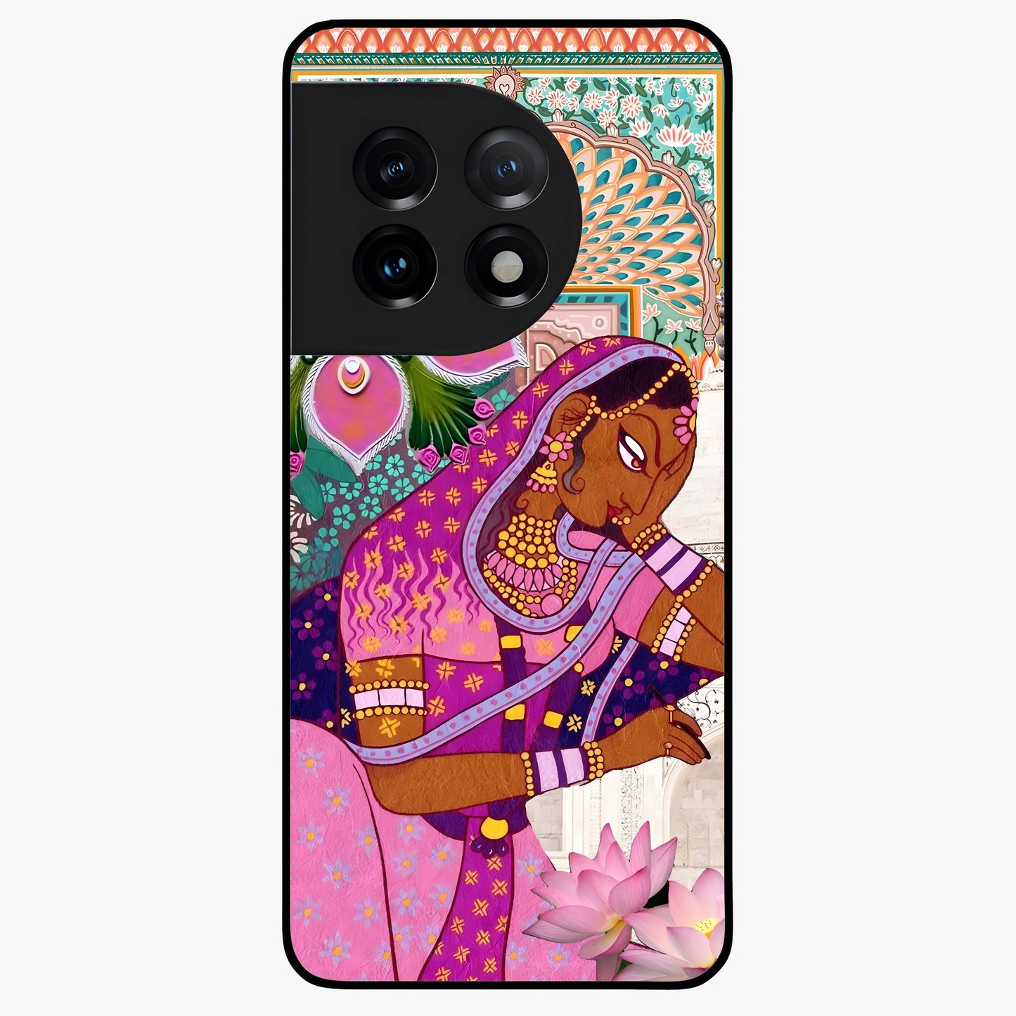 Royal Lotus Muse Glass Case for 1+11 graceful front view featuring lotus artwork with regal detailing