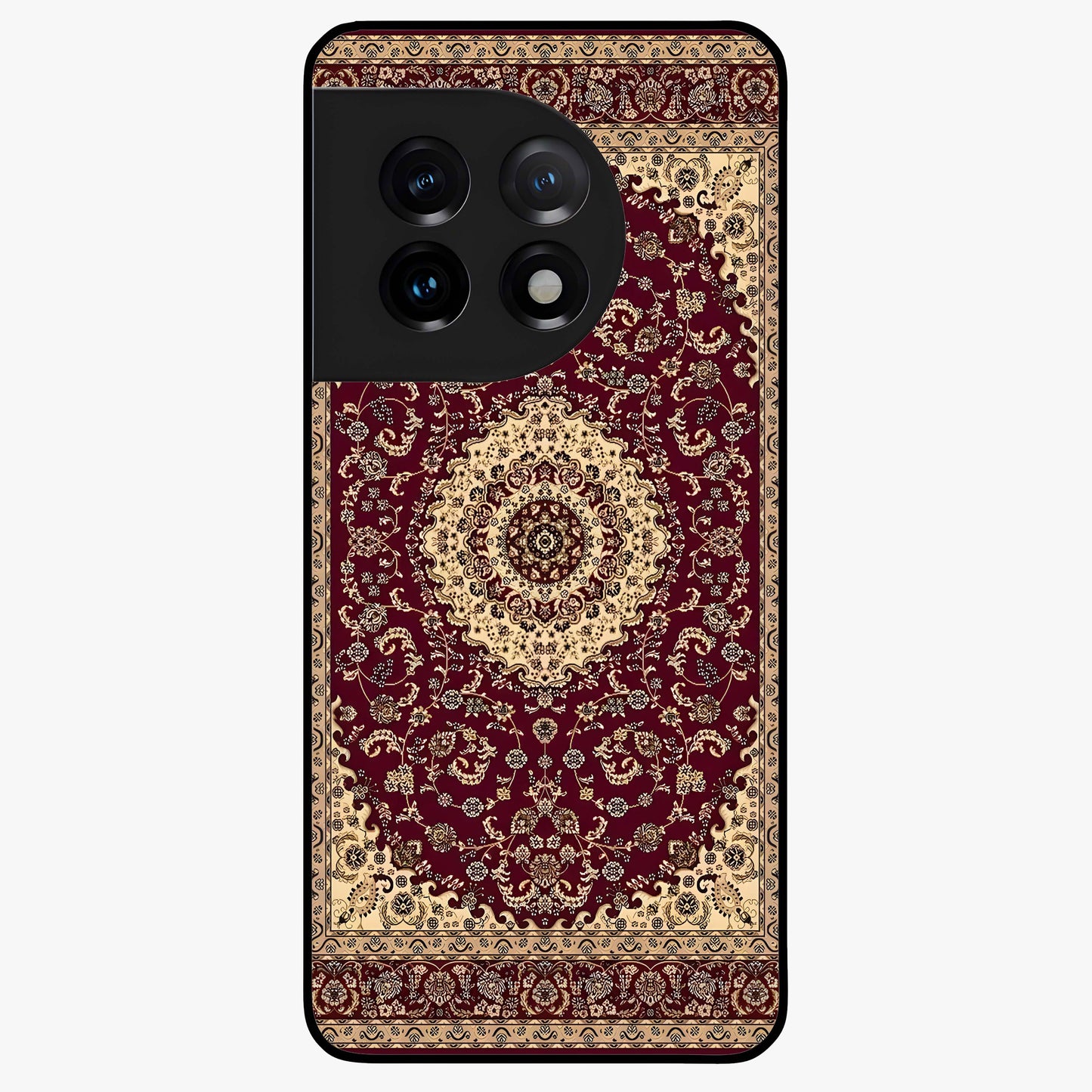 Royal Maroon Heritage Glass Case for 1+11 bold front view featuring intricate heritage pattern artwork in maroon tones
