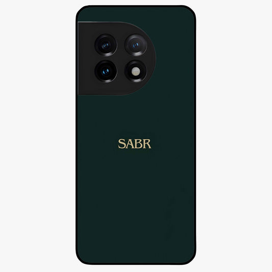 Sabr Minimal Patience Glass Case for 1+11 clean front view featuring minimalist typography artwork