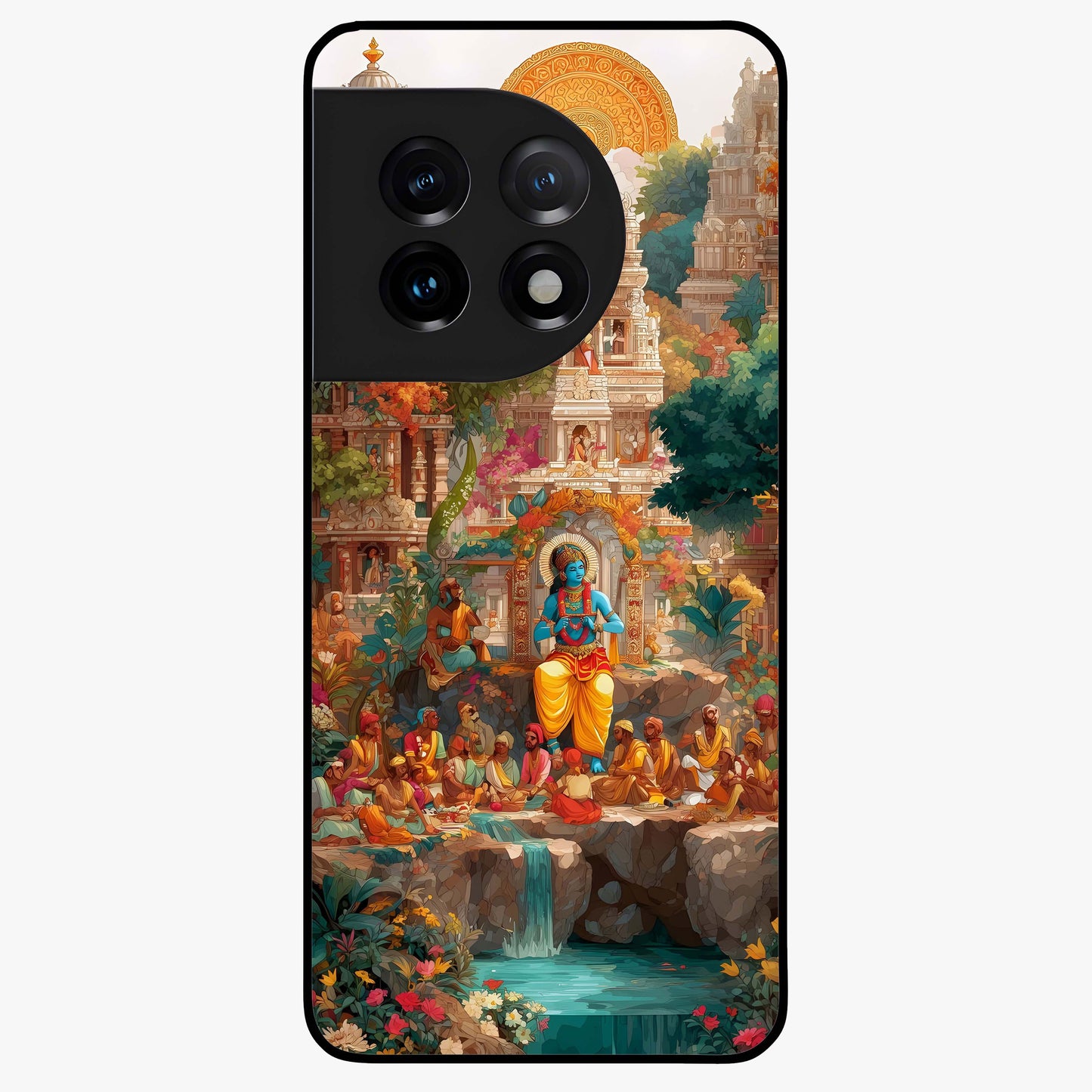 Sacred Sunlight Gods Glass Case for 1+11 powerful front view featuring divine artwork bathed in golden sunlight