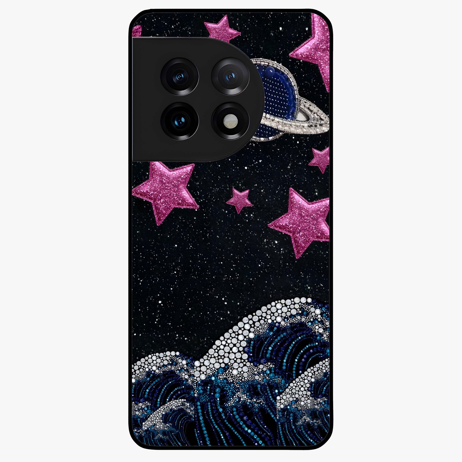 Saturn Pink Storm Glass Case for 1+11 bold front view featuring cosmic Saturn artwork in vibrant pink tones