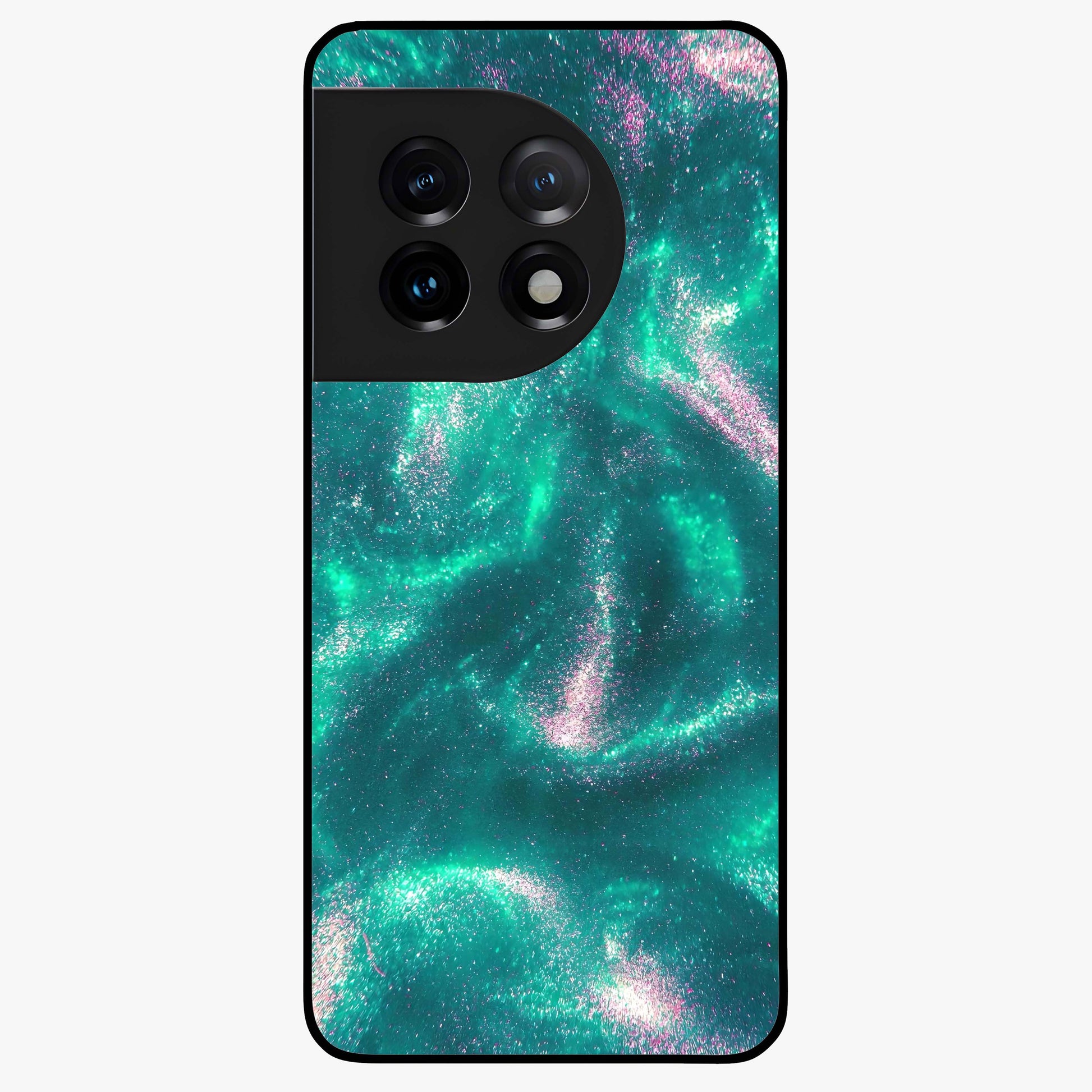 Shimmering Nebula Waves Glass Case for 1+11 vibrant front view featuring cosmic wave artwork in glowing tones