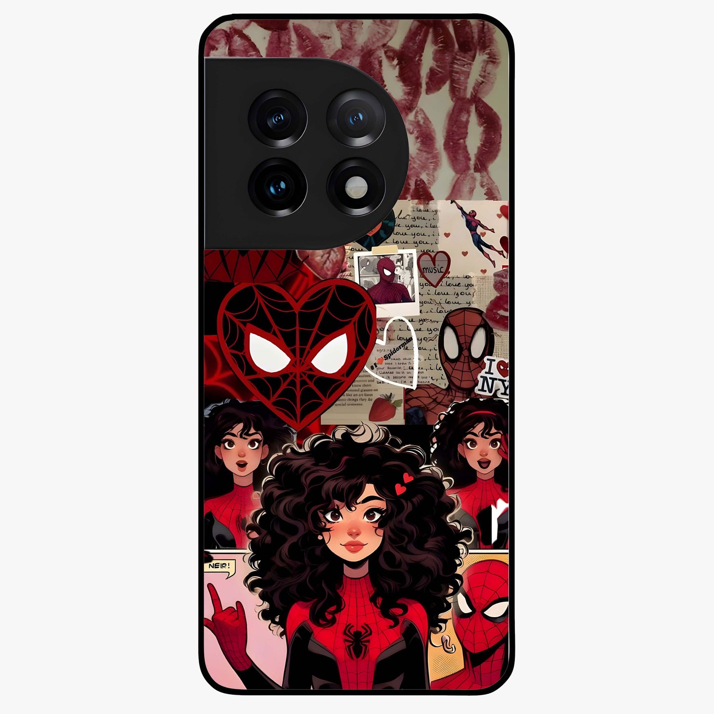 Spider Love Story Glass Case for 1+11 bold front view featuring superhero inspired romantic artwork