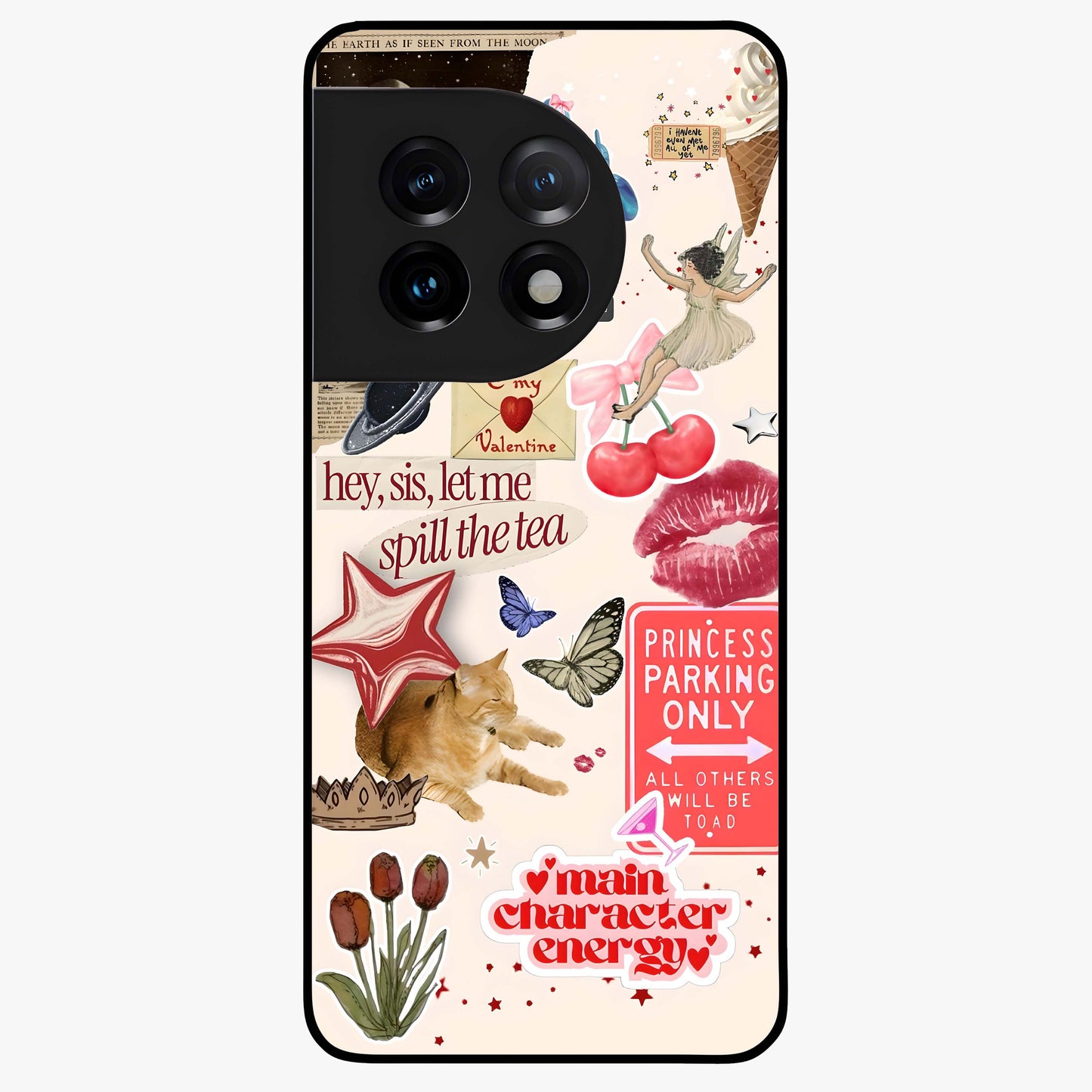 Spill the Tea Retro Collage Glass Case for 1+11 playful front view featuring vintage style collage artwork