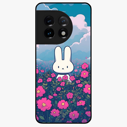 Springtime Blossom Bunny Glass Case for 1+11 adorable front view featuring bunny artwork with spring floral accents