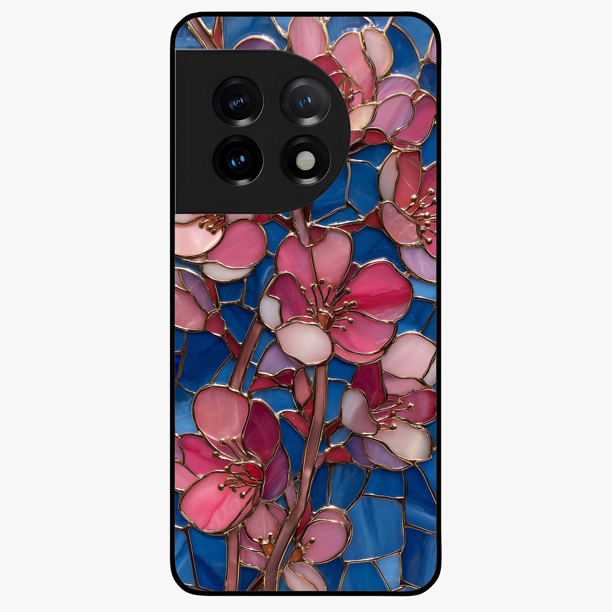 Stained Bloom Grace Glass Case for 1+11 elegant front view featuring stained glass inspired floral artwork