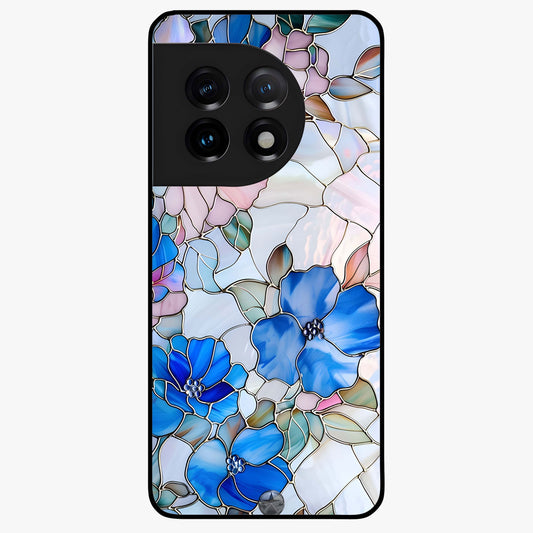Stained Blue Floral Glass Case for 1+11 elegant front view featuring blue stained glass inspired floral artwork