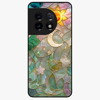 Stained Sunrise Glow Glass Case for 1+11 radiant front view featuring sunrise inspired stained glass artwork
