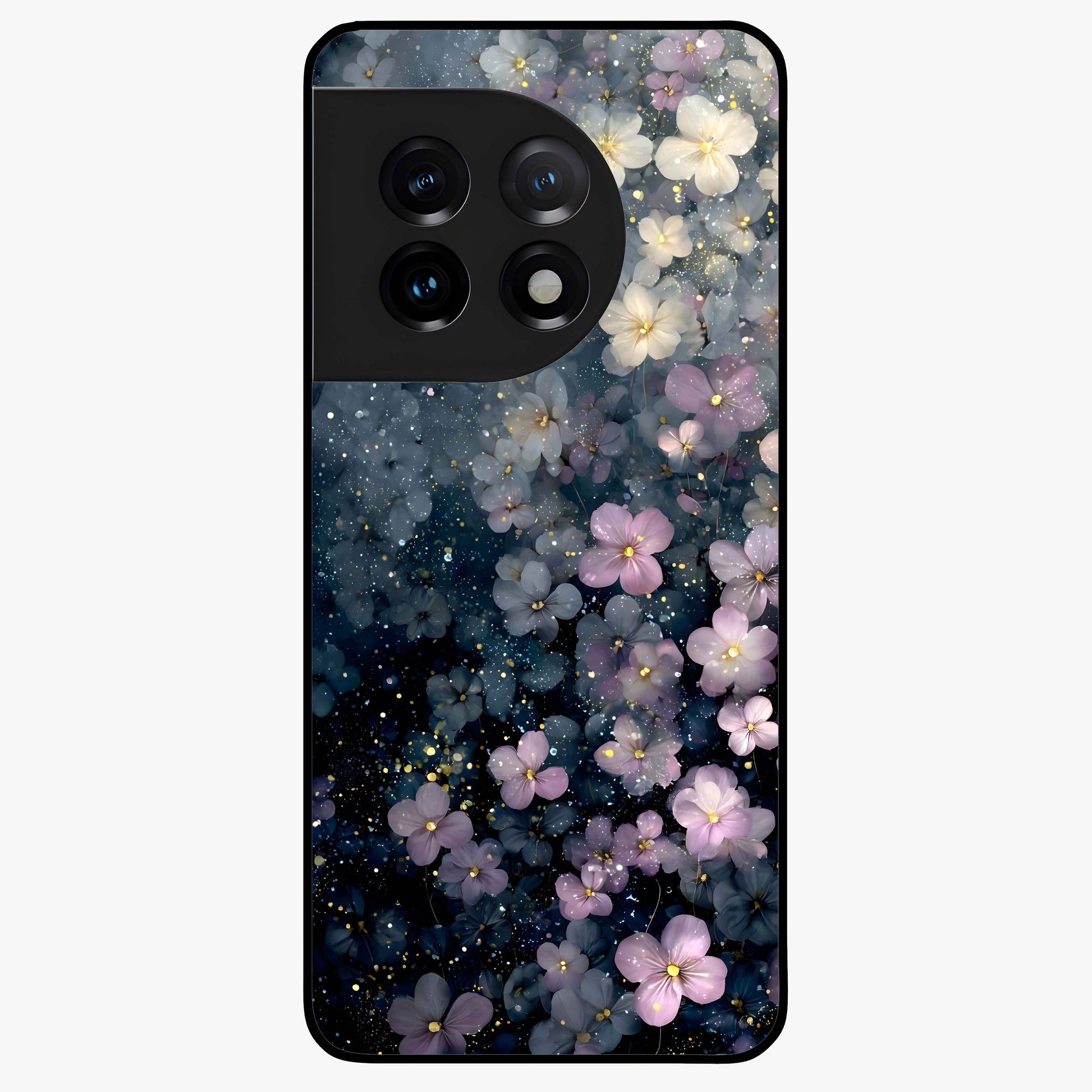 Starlit Blossom Dreams Glass Case for 1+11 dreamy front view featuring floral artwork under sparkling night sky