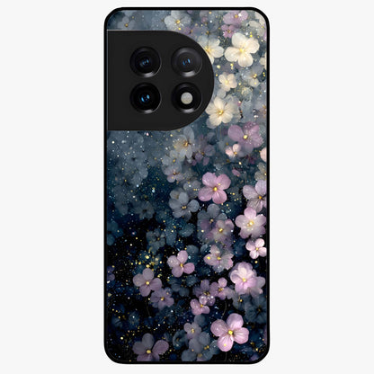 Starlit Blossom Dreams Glass Case for 1+11 dreamy front view featuring floral artwork under sparkling night sky