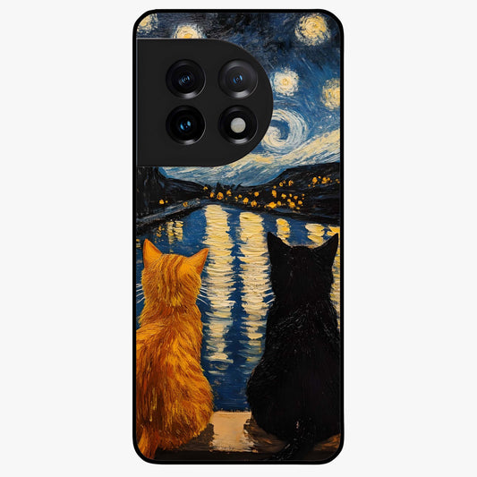 Starry River Cats Glass Case for 1+11 artistic front view featuring cats by a glowing river under starry sky