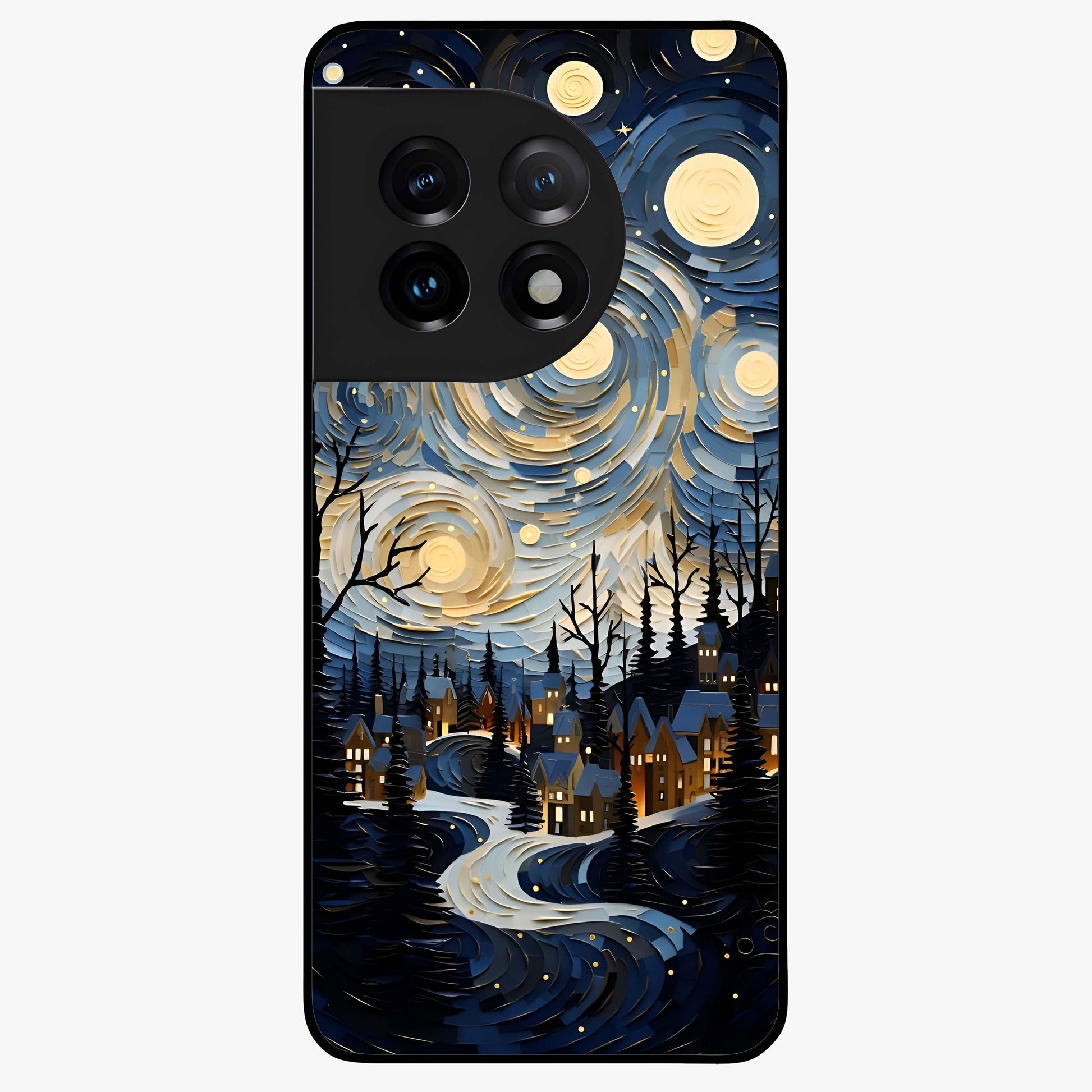 Starry Winter Town Glass Case for 1+11 scenic front view featuring snowy town artwork under sparkling night sky