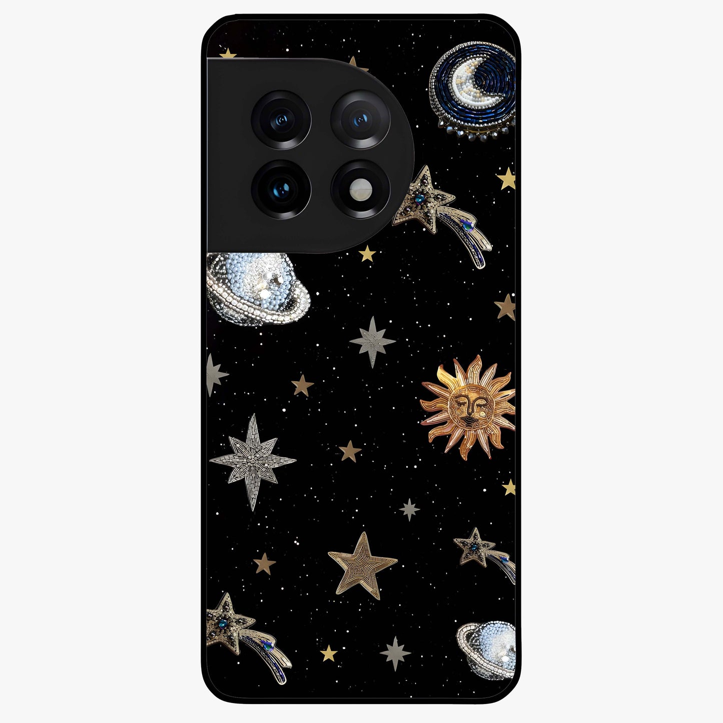 Stars and Planets Brooches Glass Case for 1+11 elegant front view featuring celestial jewelry inspired artwork