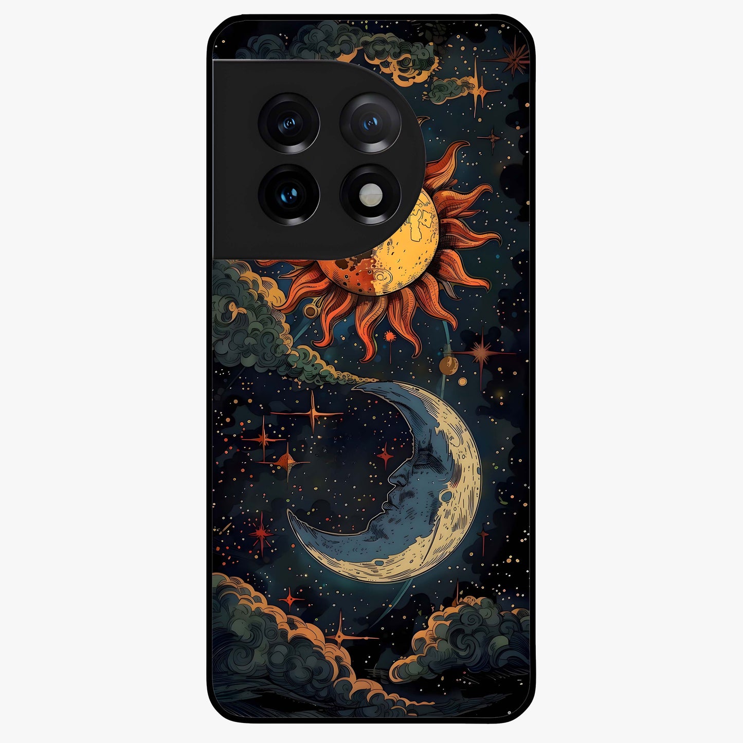 Sun and Moonflowers Glass Case for 1+11 vibrant front view featuring floral artwork blended with sun and moon elements