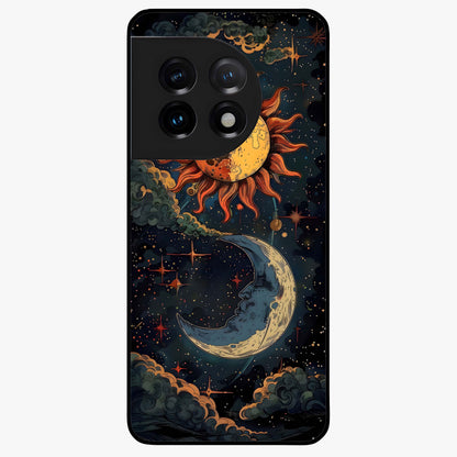Sun and Moonflowers Glass Case for 1+11 vibrant front view featuring floral artwork blended with sun and moon elements
