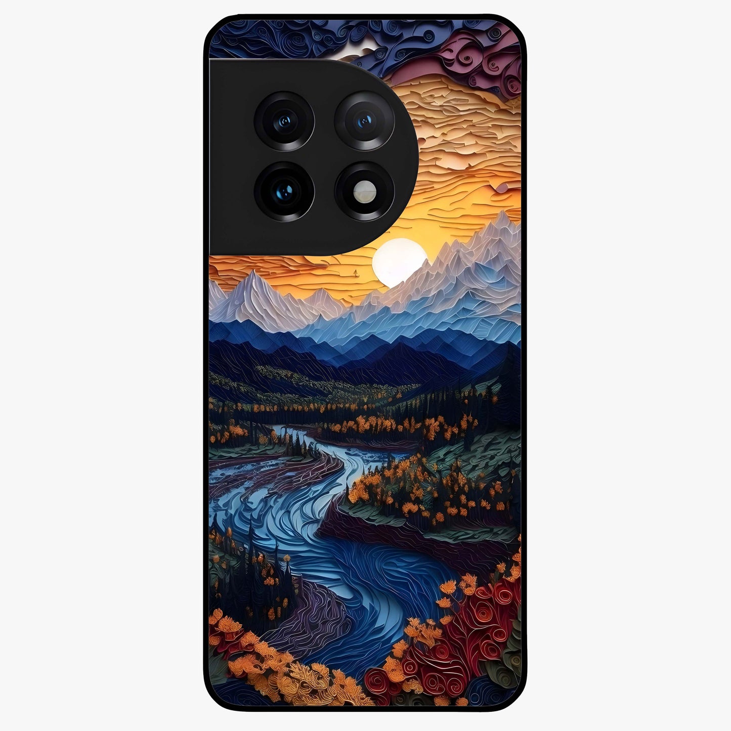 Sunrise River Dreams Glass Case for 1+11 scenic front view featuring river landscape under glowing sunrise sky