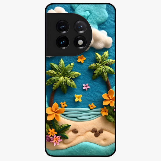 Tropical Felt Escape Glass Case for 1+11 refreshing front view featuring tropical inspired artistic artwork
