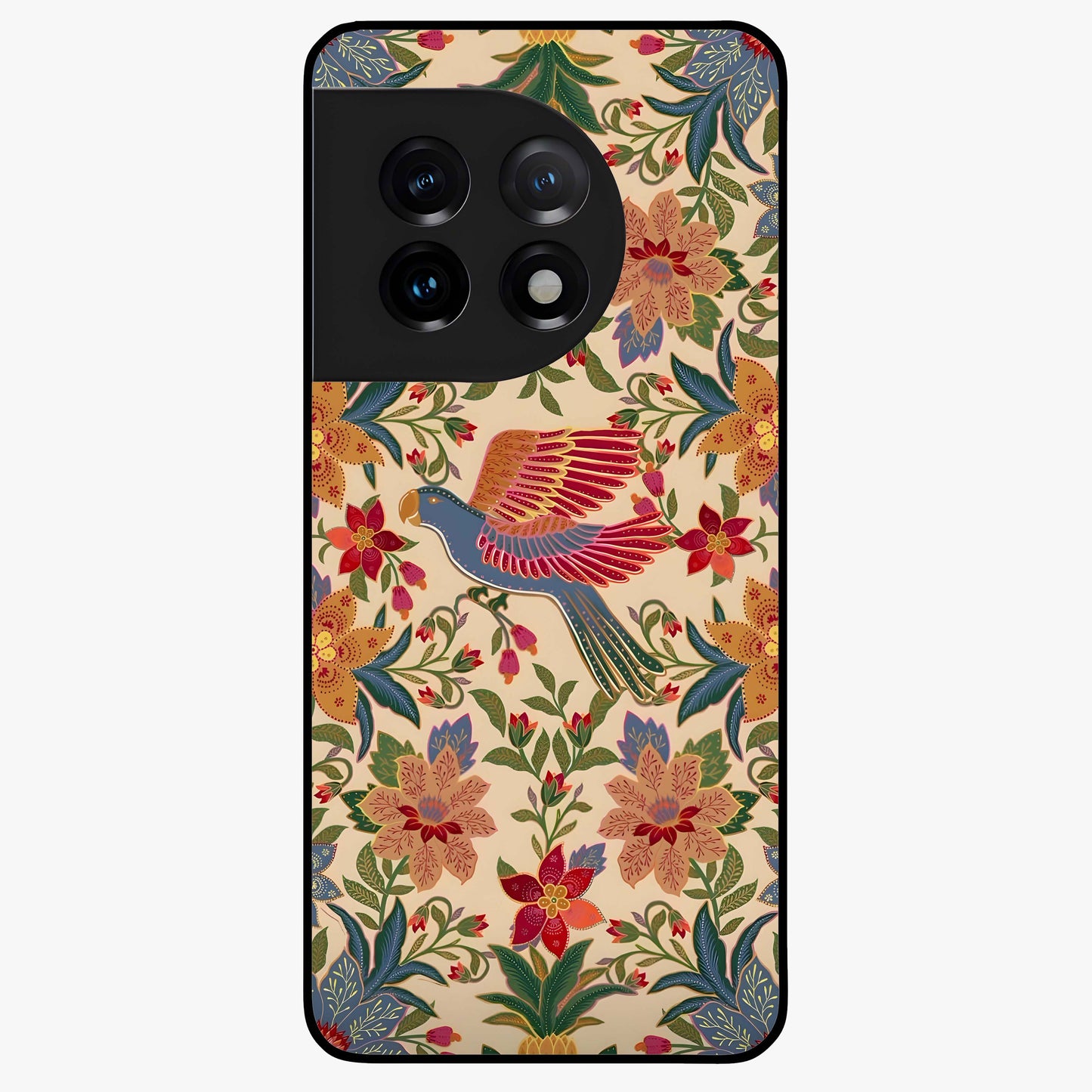 Tropical Folk Art Bird Glass Case for 1+11 artistic front view featuring colorful bird artwork in folk style